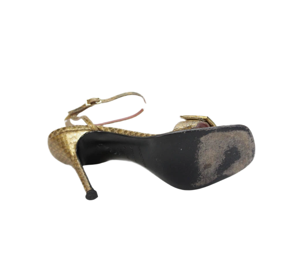 Sergio Rossi Snakeskin Print Jeweled Sandal Heels Brown Size 37.5 7.5