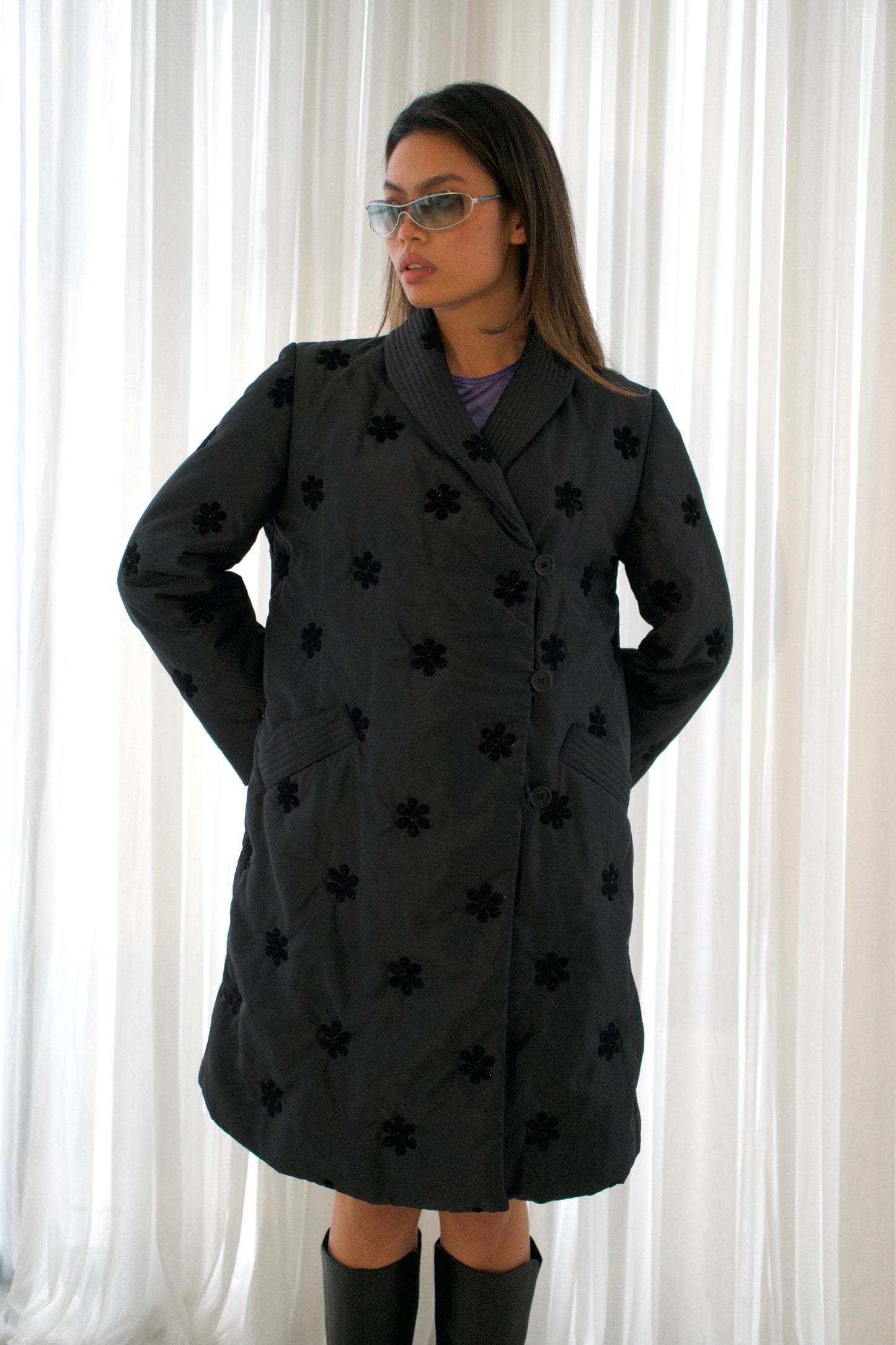 Giorgio Armani Floral Beaded Nylon Puffer Coat