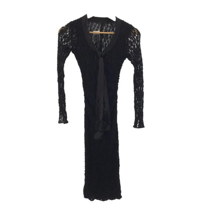 Dolce & Gabbana Lace Crotchet LS Dress Pussybow Neck Tie