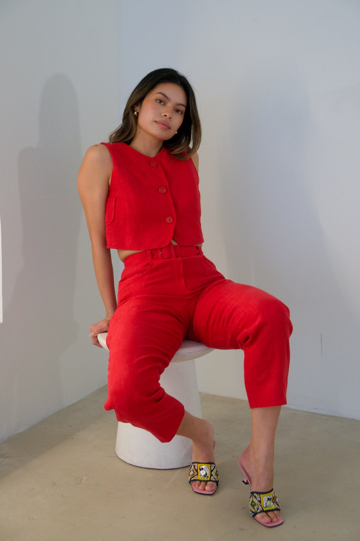Balenciaga Linen Sless Button Down Belted Two Piece Set