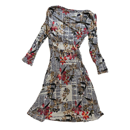 John Galliano Newspaper Print Cowl Neck LS Dress