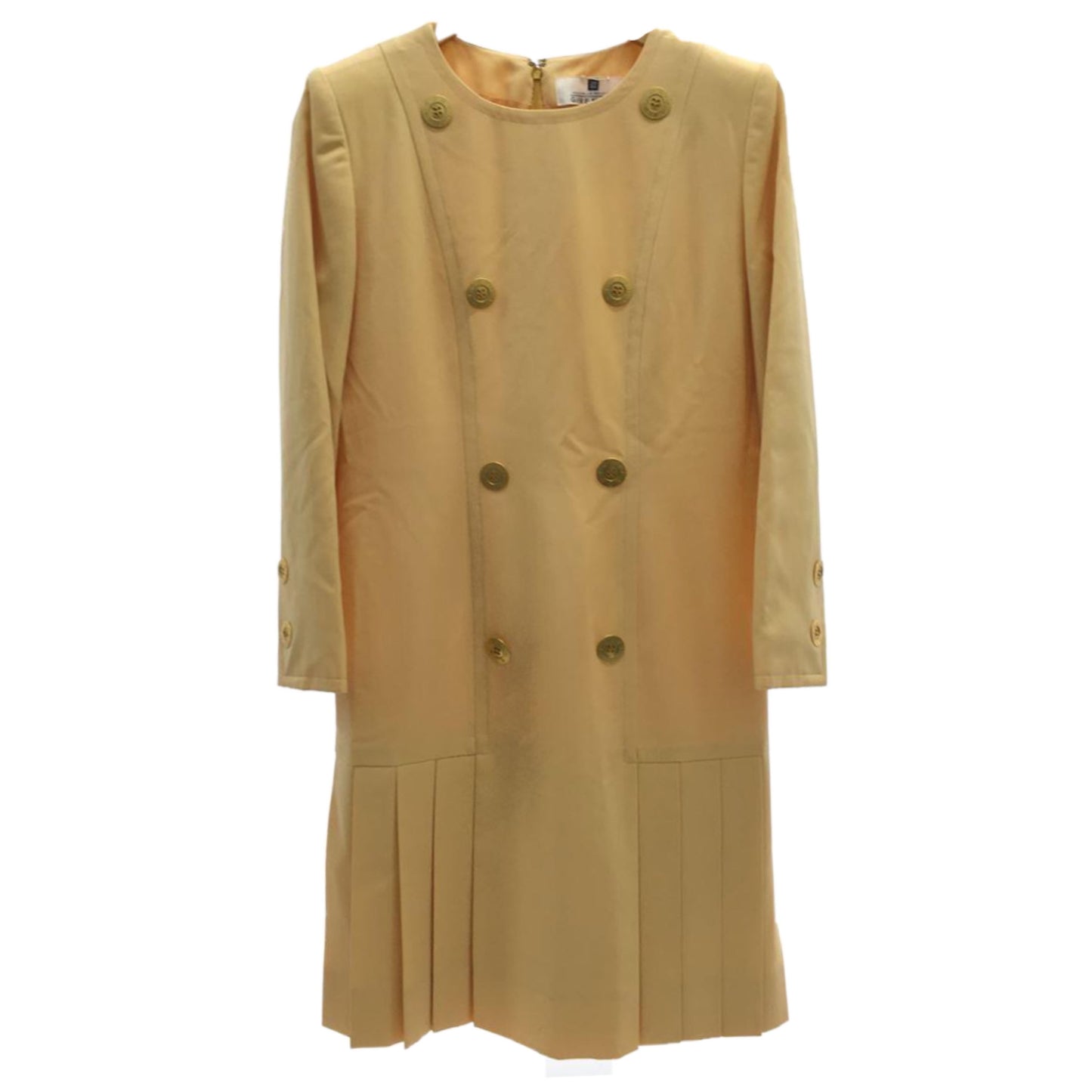 Givenchy Boutique Shoulder Pad Gold Button Drop Hem Pleat Skirt LS Blazer Dress