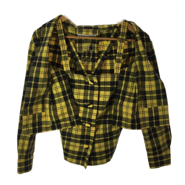 Issey Miyake Checkered Off Shoulder LS Button Down Blouse