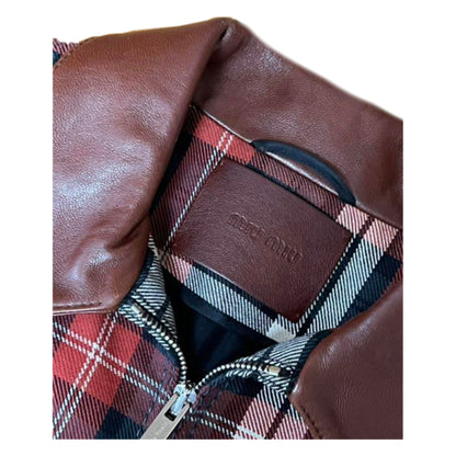 Miu Miu Plaid Checkered Zip Leather Collar Trucker Jacket