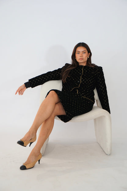 Celine Velvet Quilted Gold cushion embroidery  jacket skirt suit