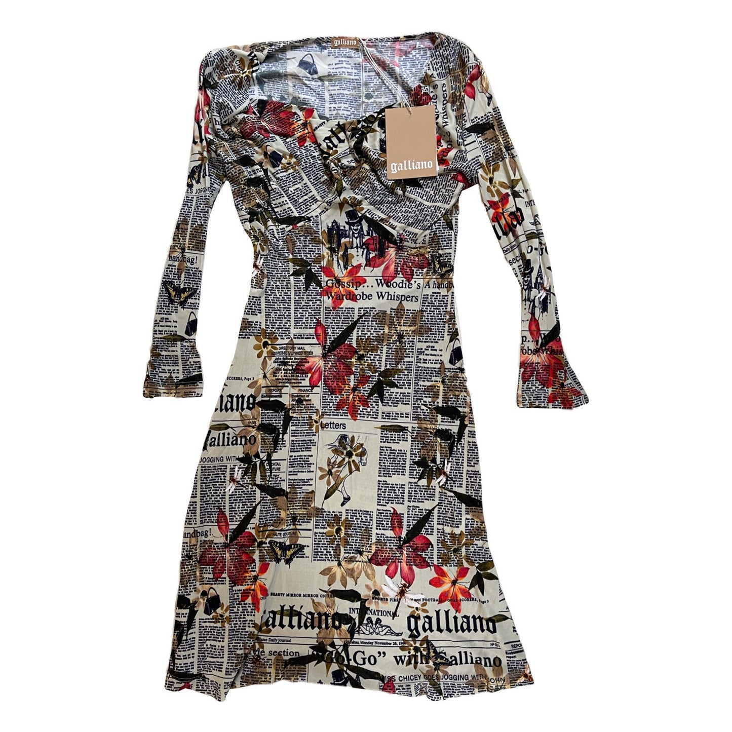 John Galliano Newspaper Print Cowl Neck LS Dress
