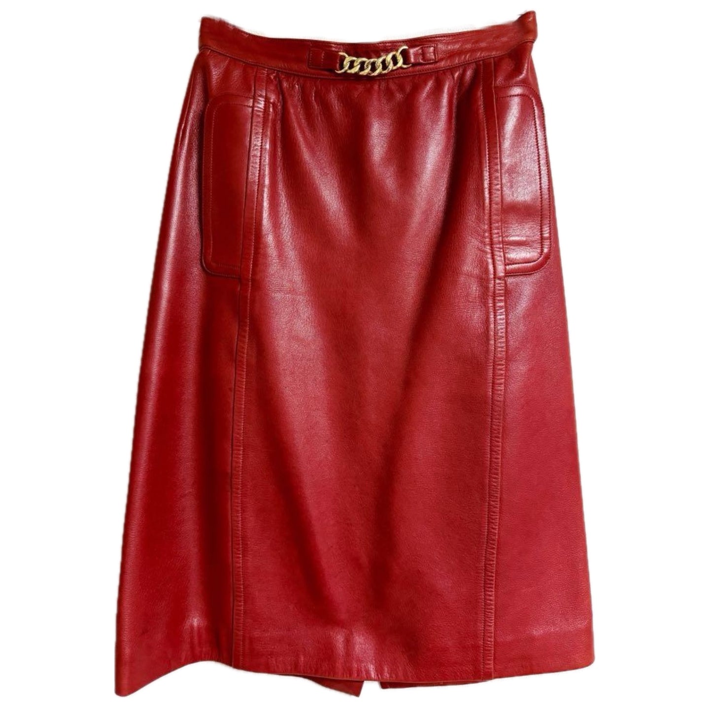Celine Red Leather Pencil Skirt w Gold Chain Waist Detail