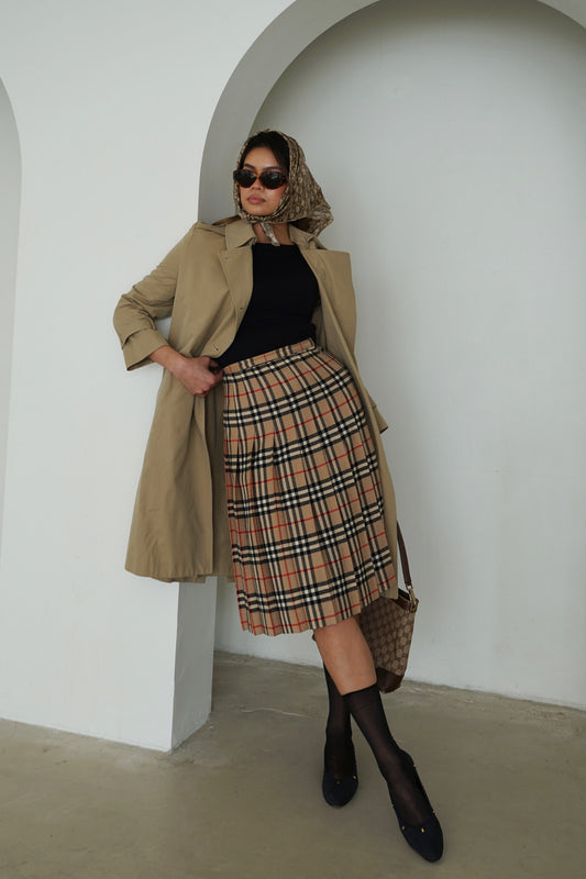 Burberry Pleated Nova Check Midi Wool Skirt