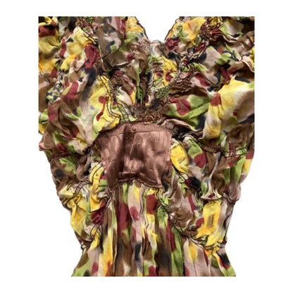 Jean Paul Gaultier Floral Paint Ruched V Neck Logo BabydollTop