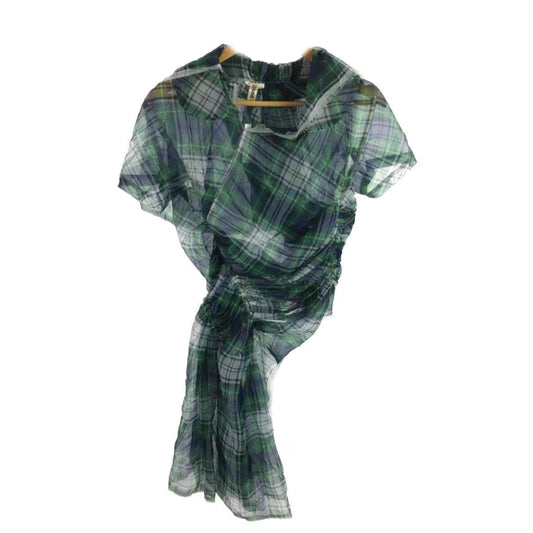 Comme Des Garcons Tartan Assymetrical Peter Pan Collar Ruched SS Blouse