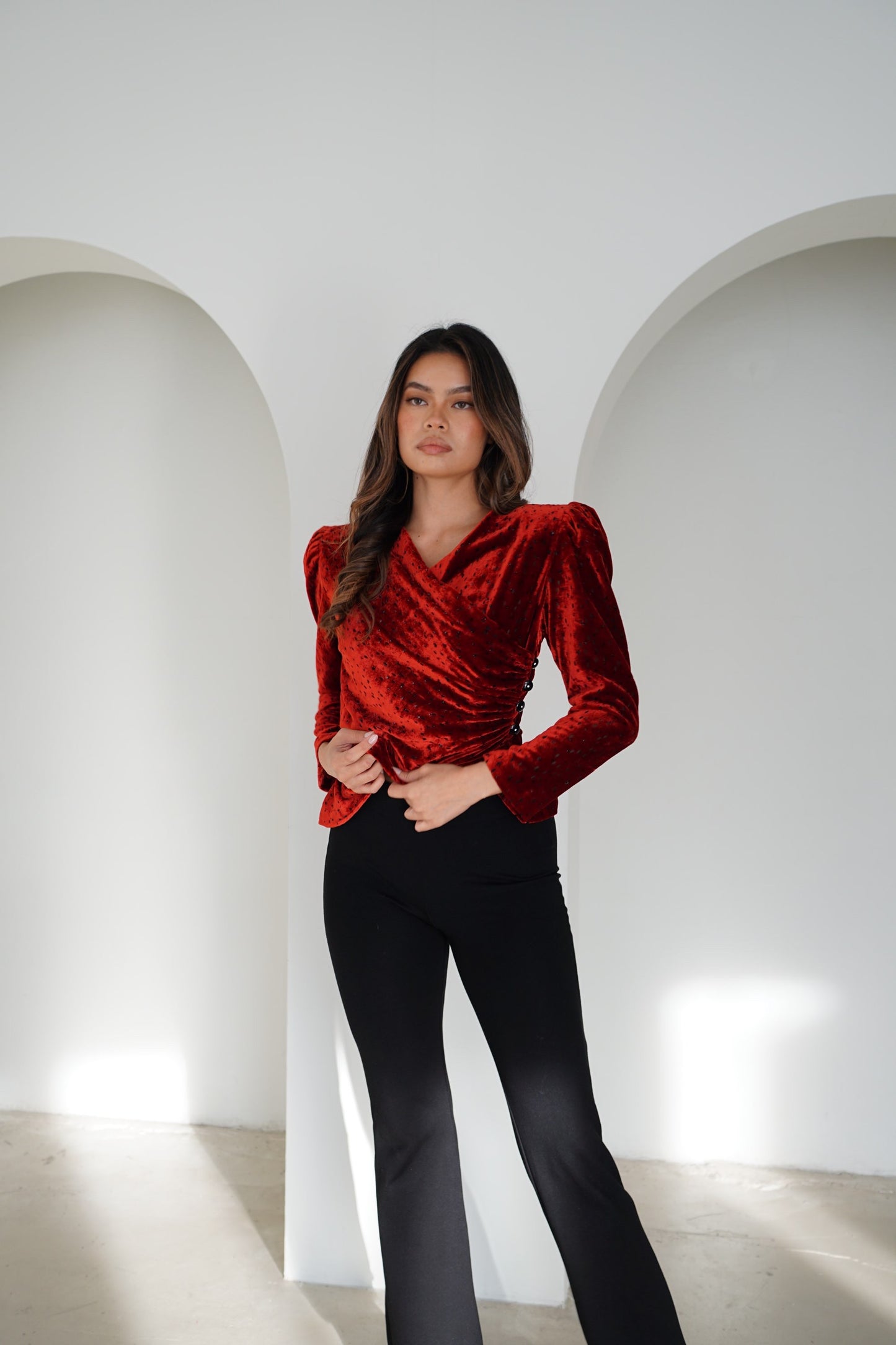Givenchy Hi Formal Red Shoulder Pad Velvet Ruched Sleeve Wrap LS Top