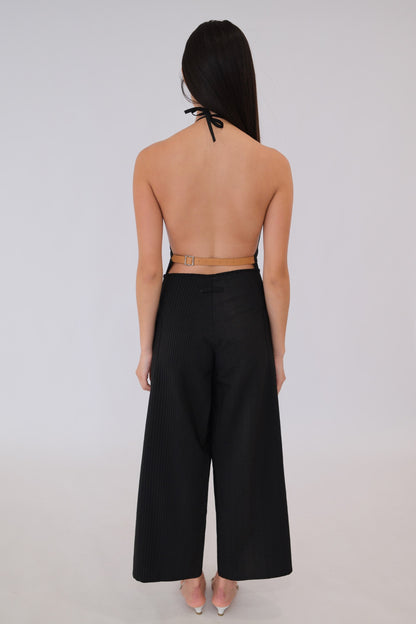 Jean Paul Gaultier Pinstripe Halterneck Leather Belt Wrap Jumpsuit W Split Leg