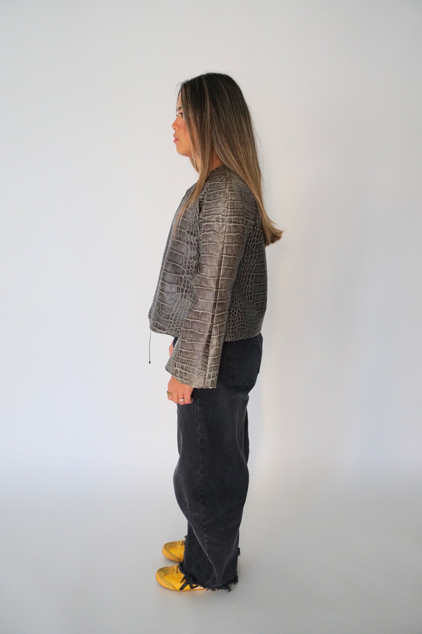Giorgio Armani Calf Leather Reptile Assymetrical Zip Flare Sleeve Jacket