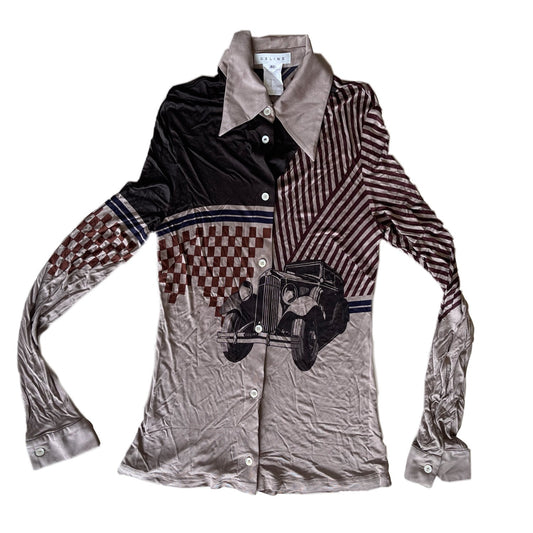 Celine Vintage Car Print Stretchy Long Sleeve Button Down Shirt