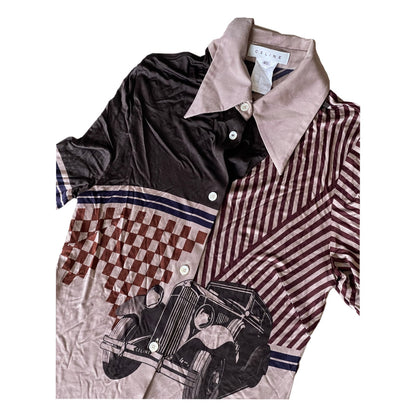 Celine Vintage Car Print Stretchy Long Sleeve Button Down Shirt