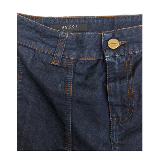 Gucci Denim Mini Pleat Skirt W/ Embroidered Logo