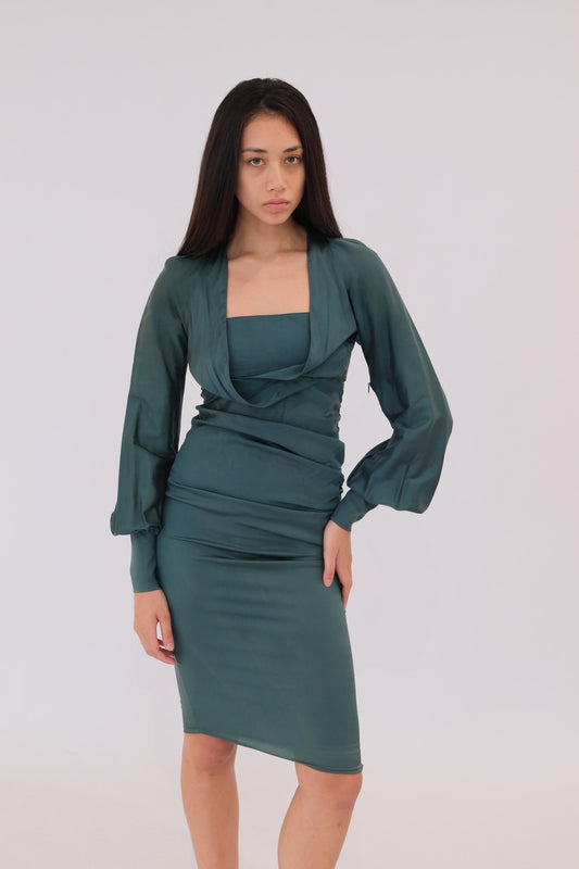 Gucci Teal Silk Overlay Balloon LS Midi Dress