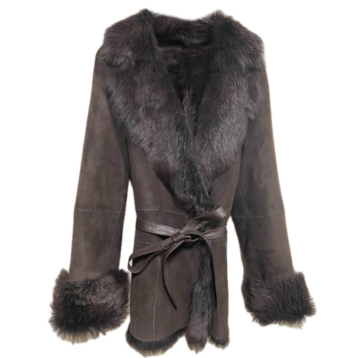 DKNY Fur Lapel Collar Suede Leather Wrap Belt Jacket