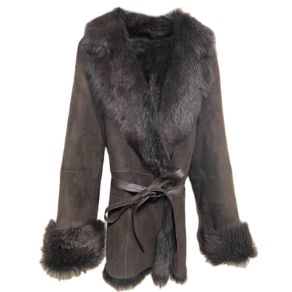 DKNY Fur Lapel Collar Suede Leather Wrap Belt Jacket