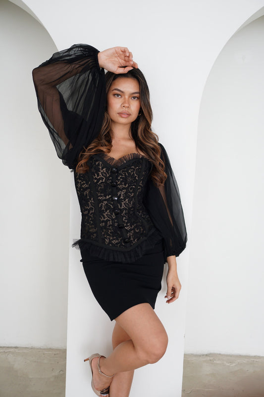 Yves Saint Laurent Lace Sweetheart Bustier Ballon LS Mini Dress