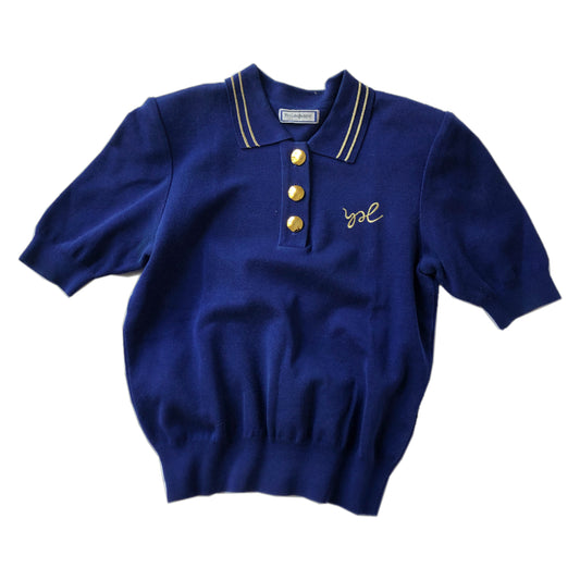Yves Saint Laurent Royal Blue Polo W/ Gold Buttons and Glitter Stripe Collar