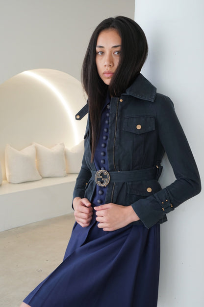 Gucci Utility Navy Jacket W Pockets And Branded Monogram Belt