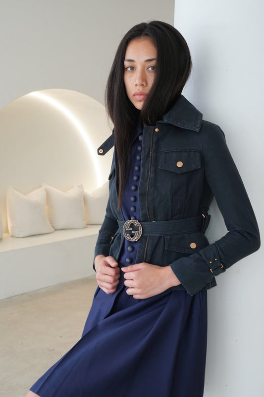 Gucci Utility Navy Jacket W Pockets And Branded Monogram Belt