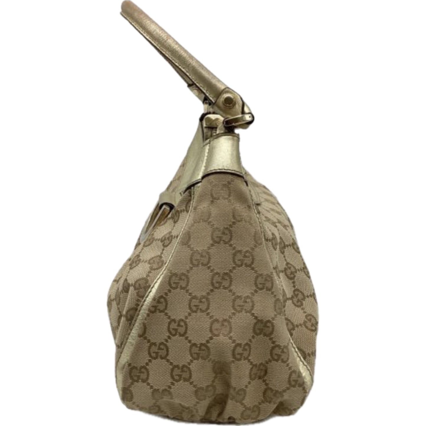 Gucci Monogram Metal Buckle Gold Leather Trim Shoulder Handbag