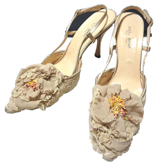 Dolce & Gabbana Lace Crepe Floral Sling Back Kitten Heels