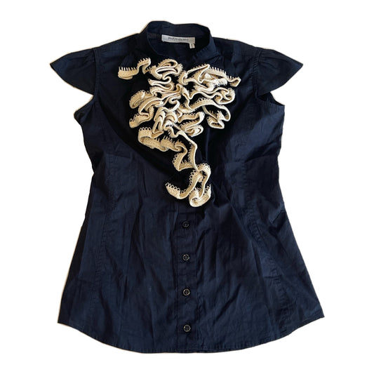 Yves Saint Laurent Ruffle Knit Trim Cap SS Button Down Blouse