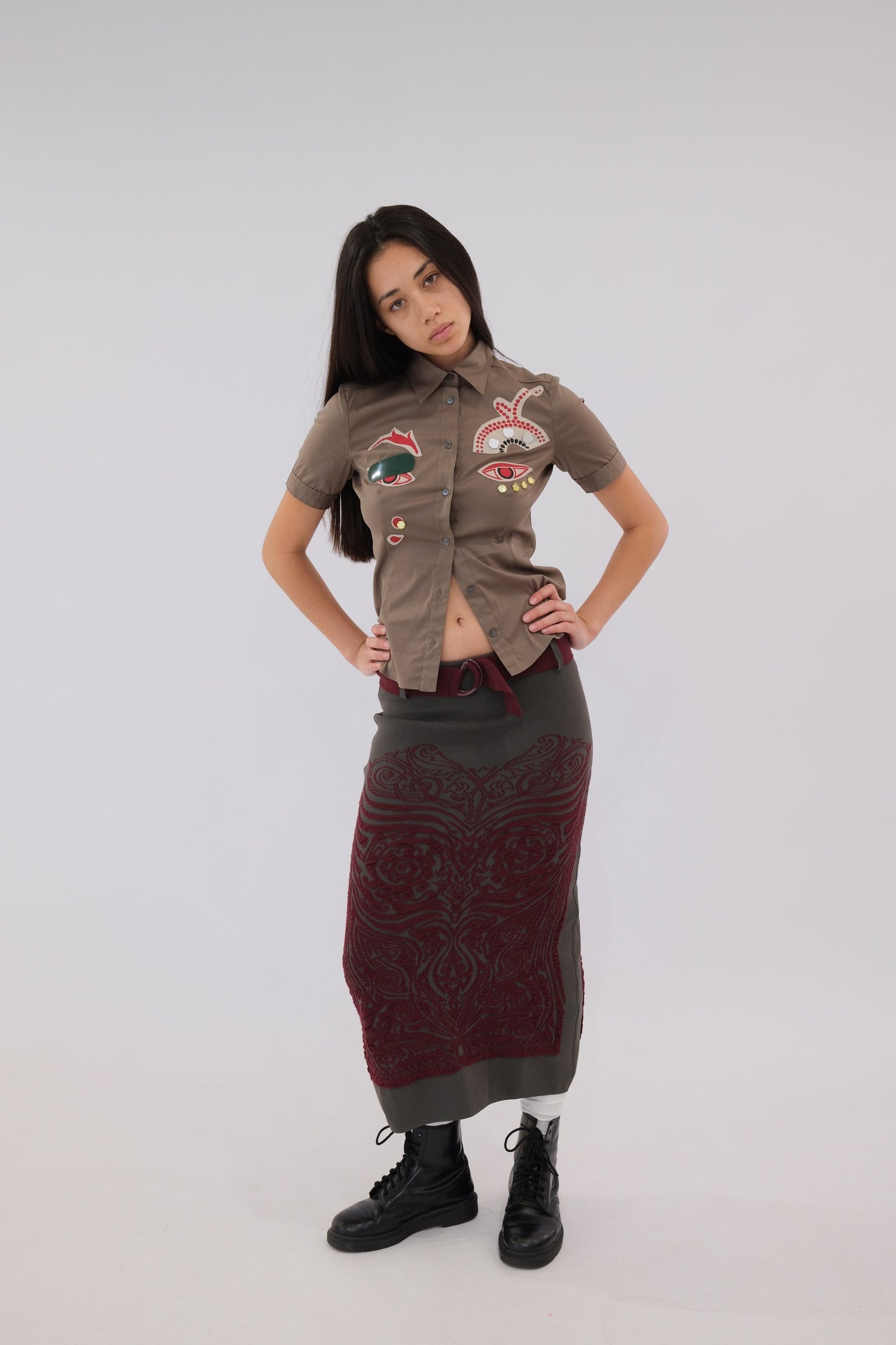Jean Paul Gaultier Tribal Knit Print Maxi Skirt w Belt