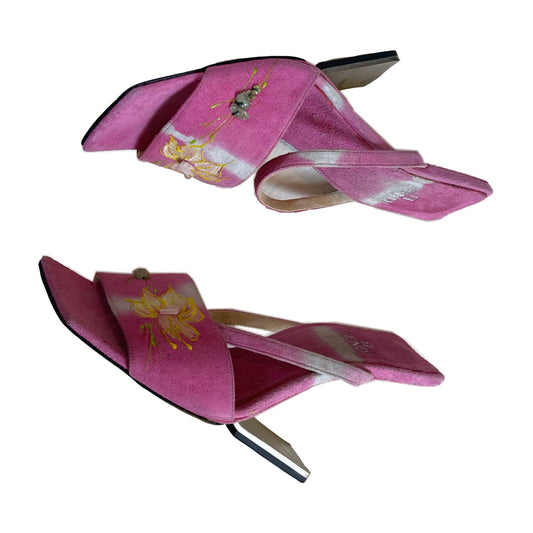 Fendi Pink Floral Beaded Suede Irregular Heel