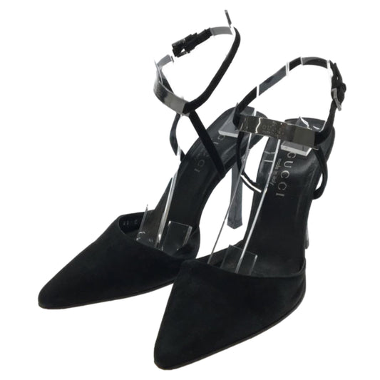 Gucci Suede Point Toe Metal Logo Strappy Heels Sz37