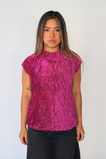 Issey Miyake Velour Wrinkle Turtleneck Sless Top