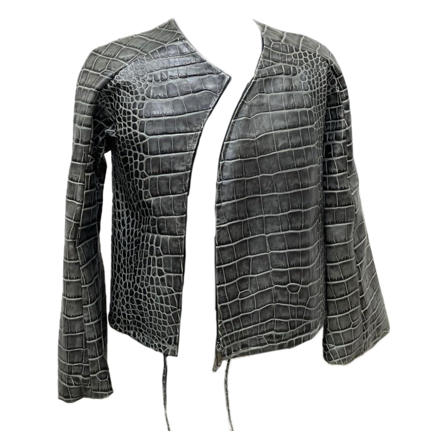 Giorgio Armani Calf Leather Reptile Assymetrical Zip Flare Sleeve Jacket