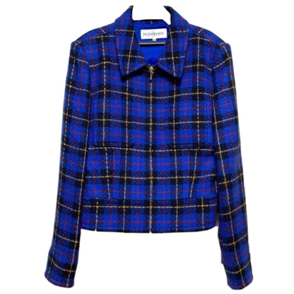 Yves Saint Laurent Checkered Pocket Zip Down Tweed Wool Jacket
