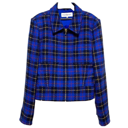 Yves Saint Laurent Checkered Pocket Zip Down Tweed Wool Jacket