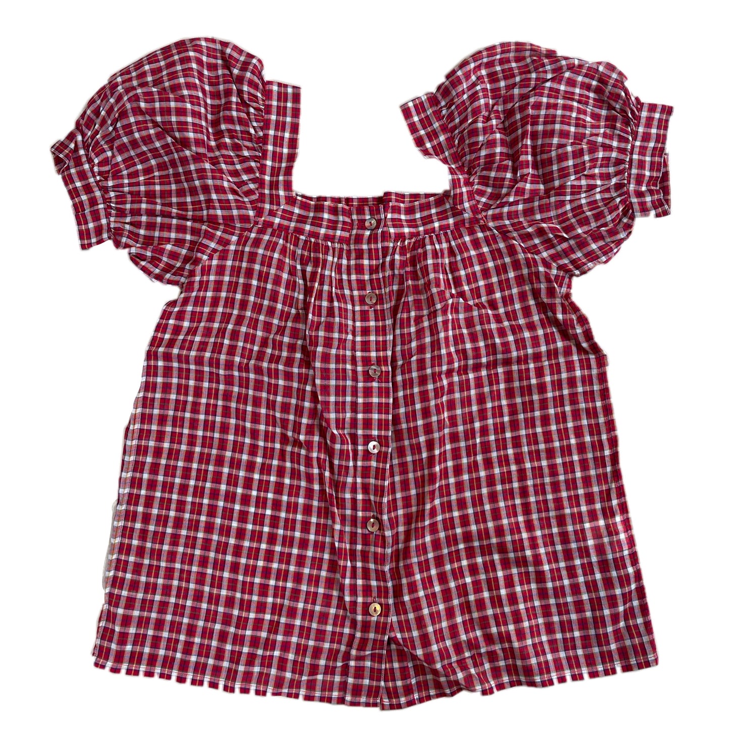 Yves Saint Laurent Plaid Puff SS Square Neck Button Down Top