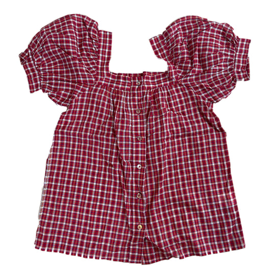 Yves Saint Laurent Plaid Puff SS Square Neck Button Down Top