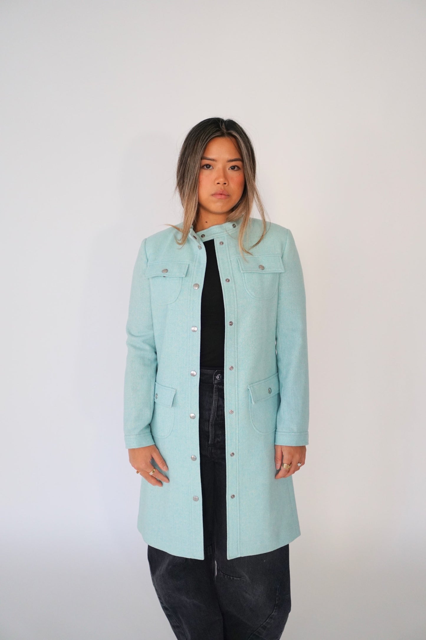 Courreges Glitter Baby Blue Motor Snap Button Coat