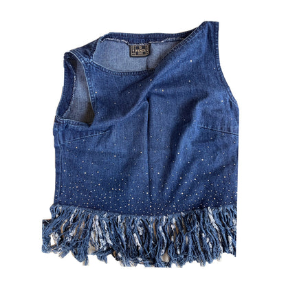 Fendi Chambray Denim Rhinestone Fray Hem Top/Skirt Set