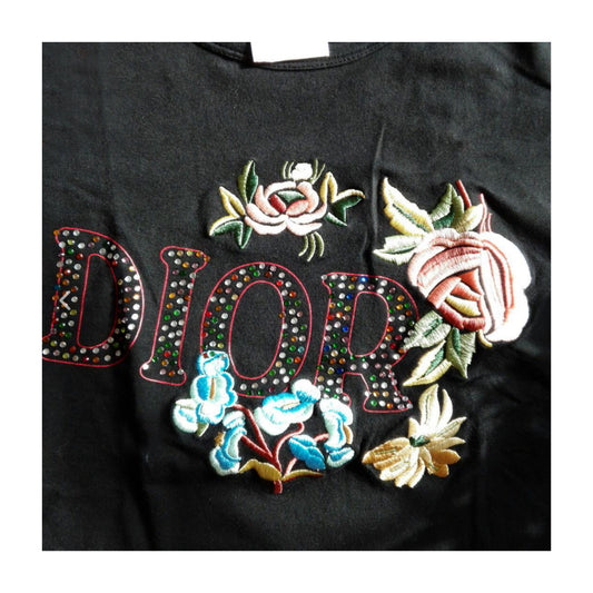 Christian Dior Rhinestone Logo Floral Stitching Tee