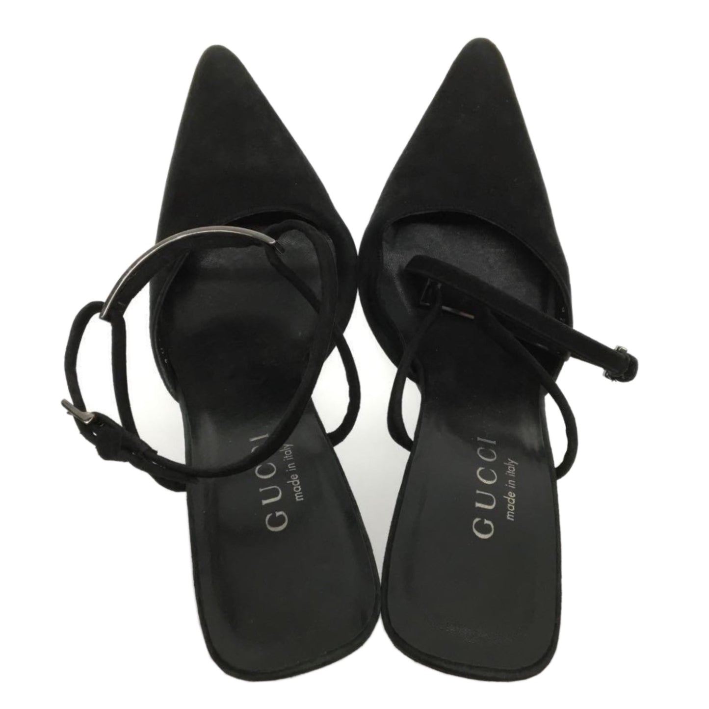Gucci Suede Point Toe Metal Logo Strappy Heels Sz37