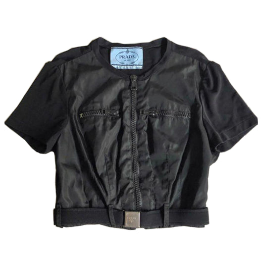 Prada Nylon SS Zip Logo Buckle Crop Top