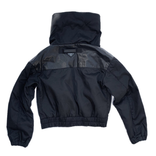 Prada Leather Nylon Fold Over Collar Bomber Jacket