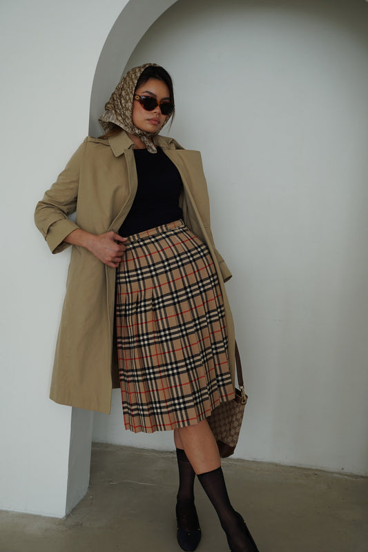 Burberry Pleated Nova Check Midi Wool Skirt