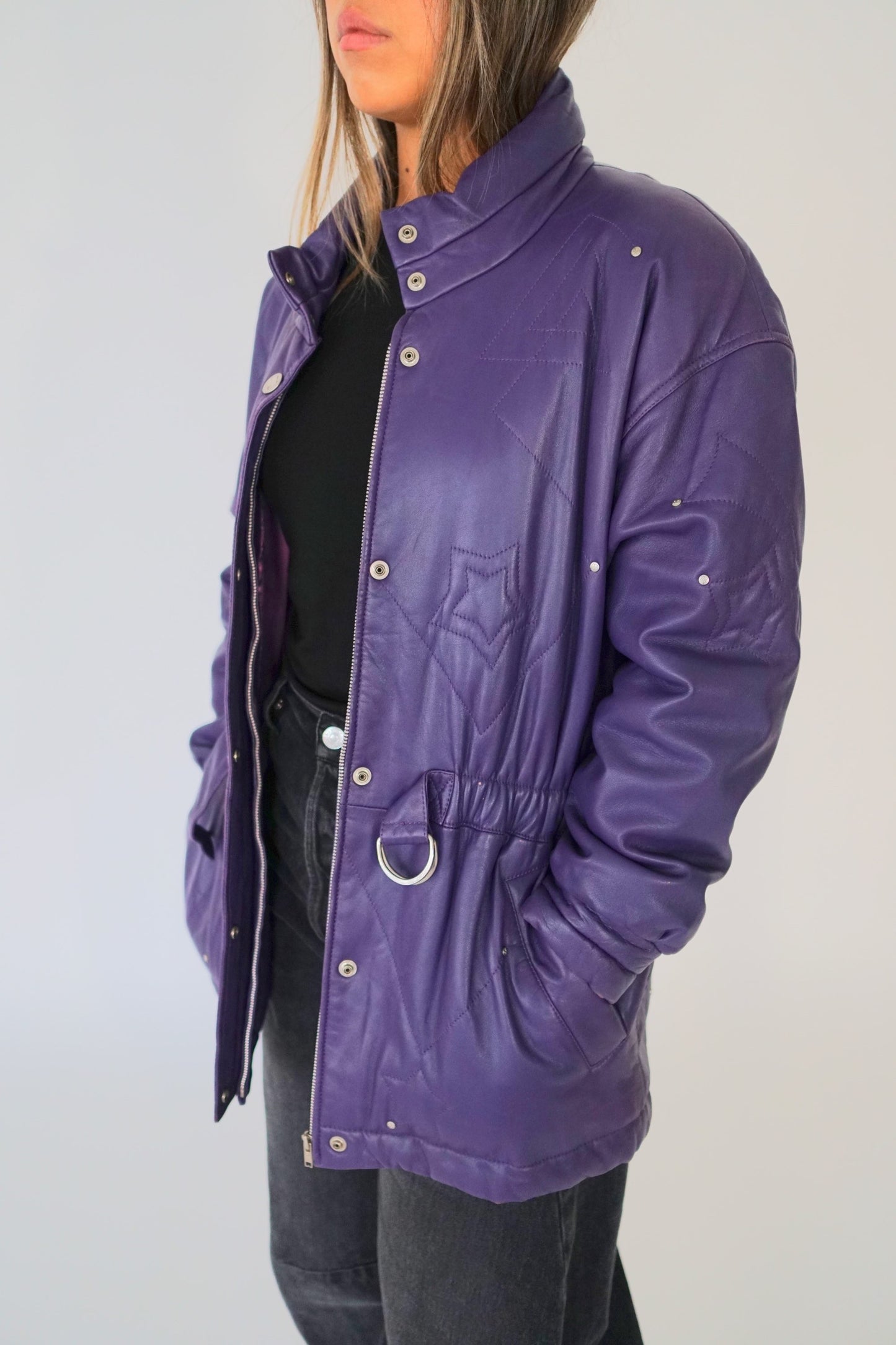 Courreges Leather Purple Star Embroidery Elastic Waist LS Coat