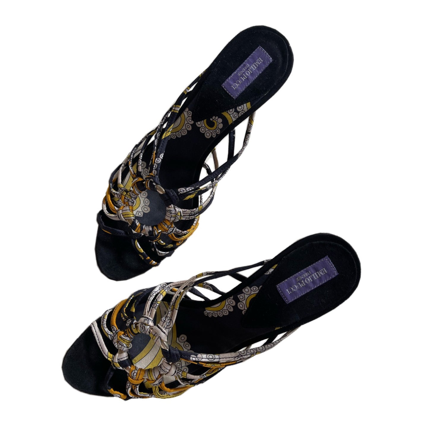Emilio Pucci Pattern Satin Strappy Metal Ring Heels
