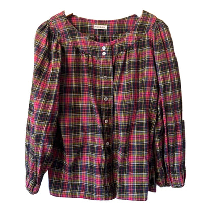 Yves Saint Laurent Round Neck Plaid Balloon Sleeve Button Down Blouse