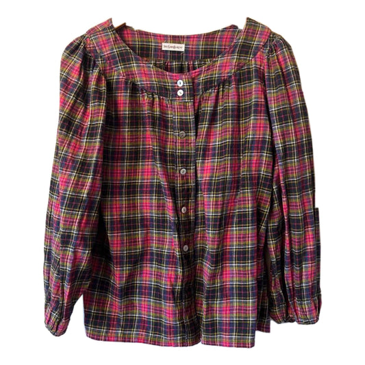 Yves Saint Laurent Round Neck Plaid Balloon Sleeve Button Down Blouse